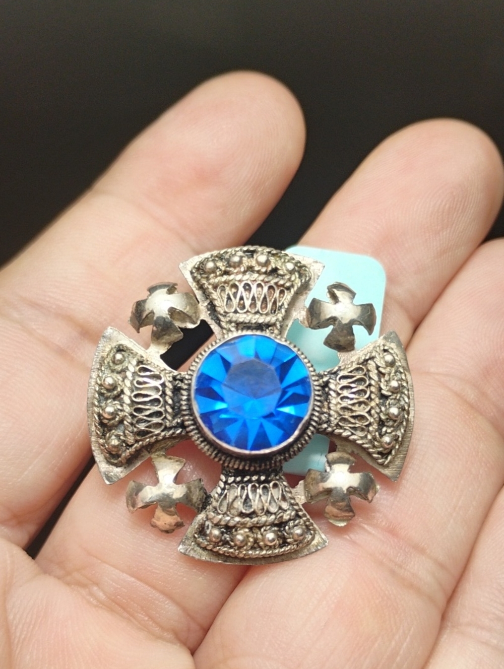 Jerusalem Cross Stamped Silver Vintage Ornate Pendant Brooch